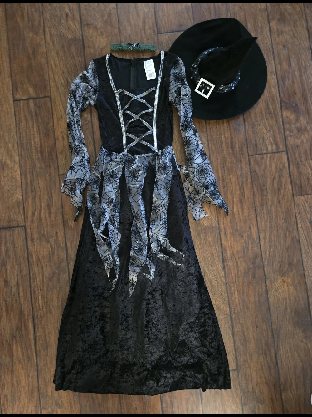 Black Velvet Witch Costume Dress with Silver Spiderweb Accents Size Small